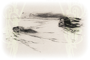 Kwasind chases Ahmeek, the King of Beavers, through the rapids of the Pauwating